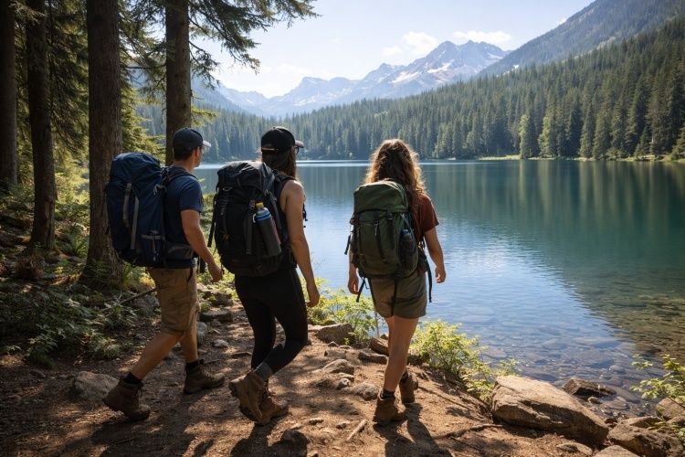 Trois randonneurs longent un lac de montagne dans une forêt